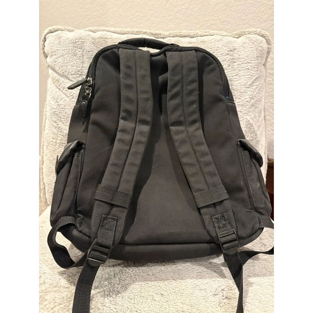 Chaps Black Canvas‎ Backpack Multi Pocket Faux Leather Trim Travel School Bag